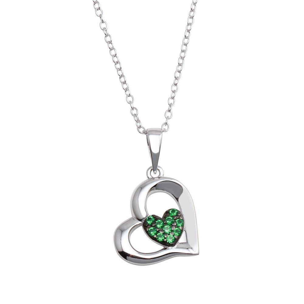 PARIKHS Rhodium Plated Heart Pendant Necklace with Green CZ in 925 Sterling Silver