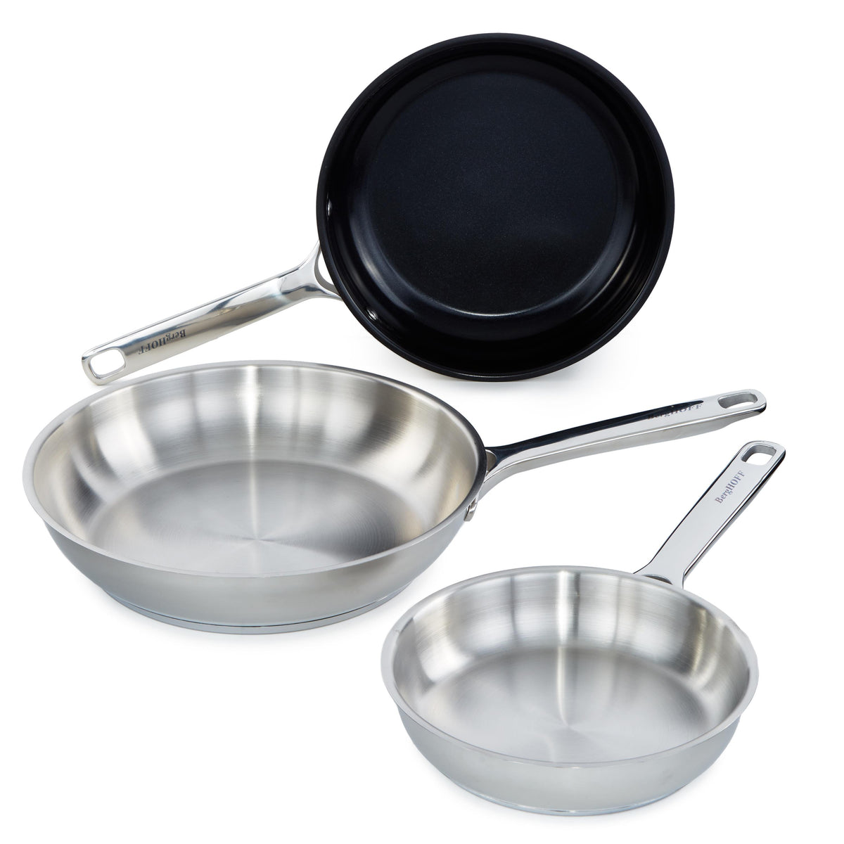 BergHOFF DiNA Helix 3pc Recycled Stainless Steel Fry Pan Set with Non-Stick Ceramic Fry Pan