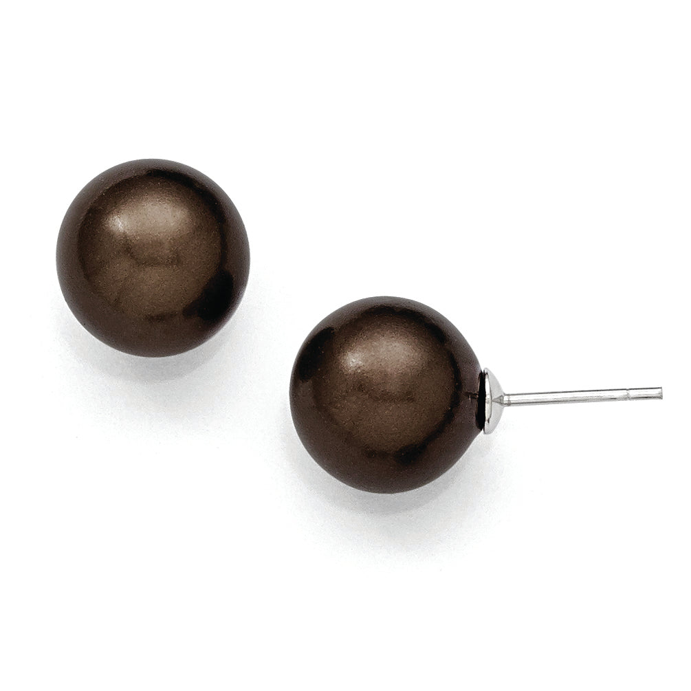Distinctive Sterling Silver Majestik 12-13mm Round Brown Shell Bead Stud Earrings