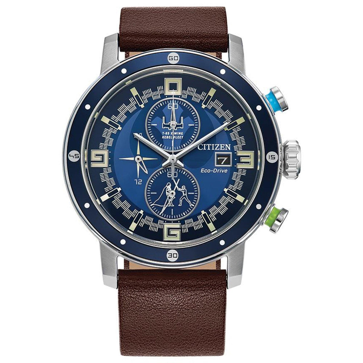 Star Wars by Citizen Men's Luke Skywalker Eco-Drive Chronograph Brown Leather Strap Watch Blue Dial