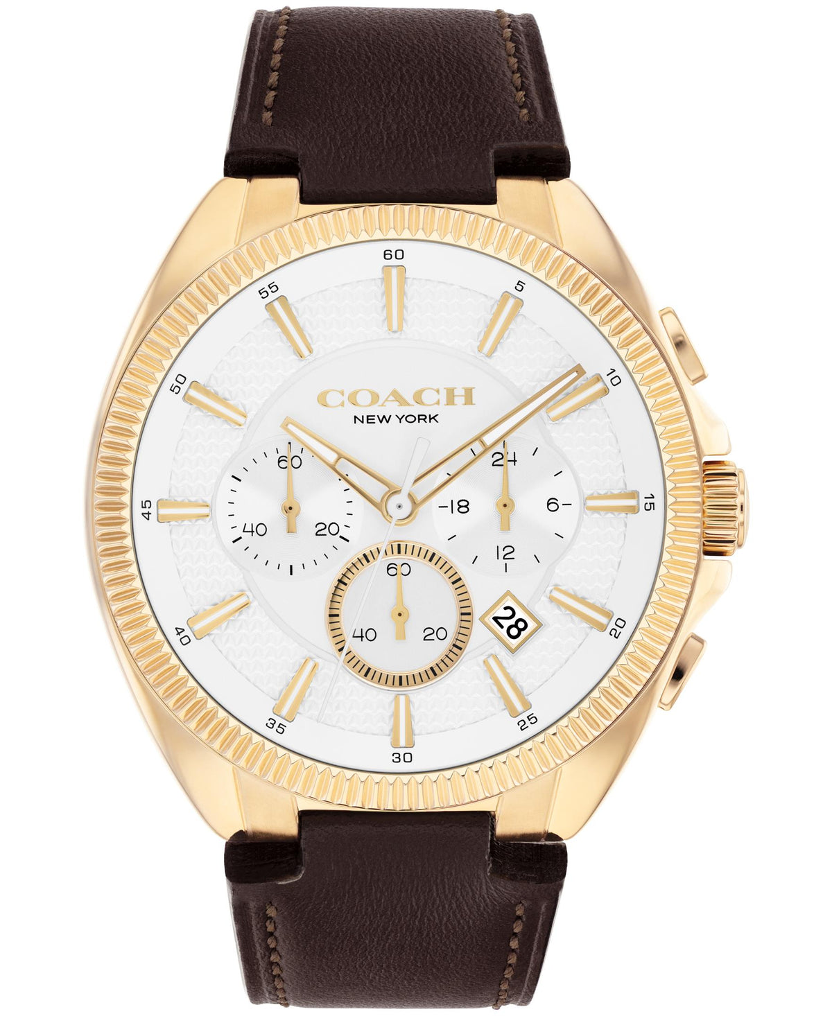 Coach Jackson Gents. Gold Plated Case. Dark Brown Leather Strap. Silver/White Chrono dial.