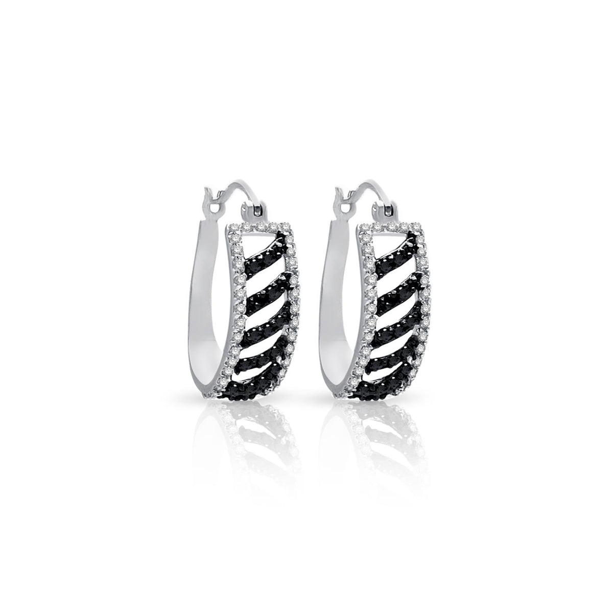 PARIKHS Rhodium Plated White Enamel Black Stripe CZ Hoop Earrings in 925 Sterling Silver