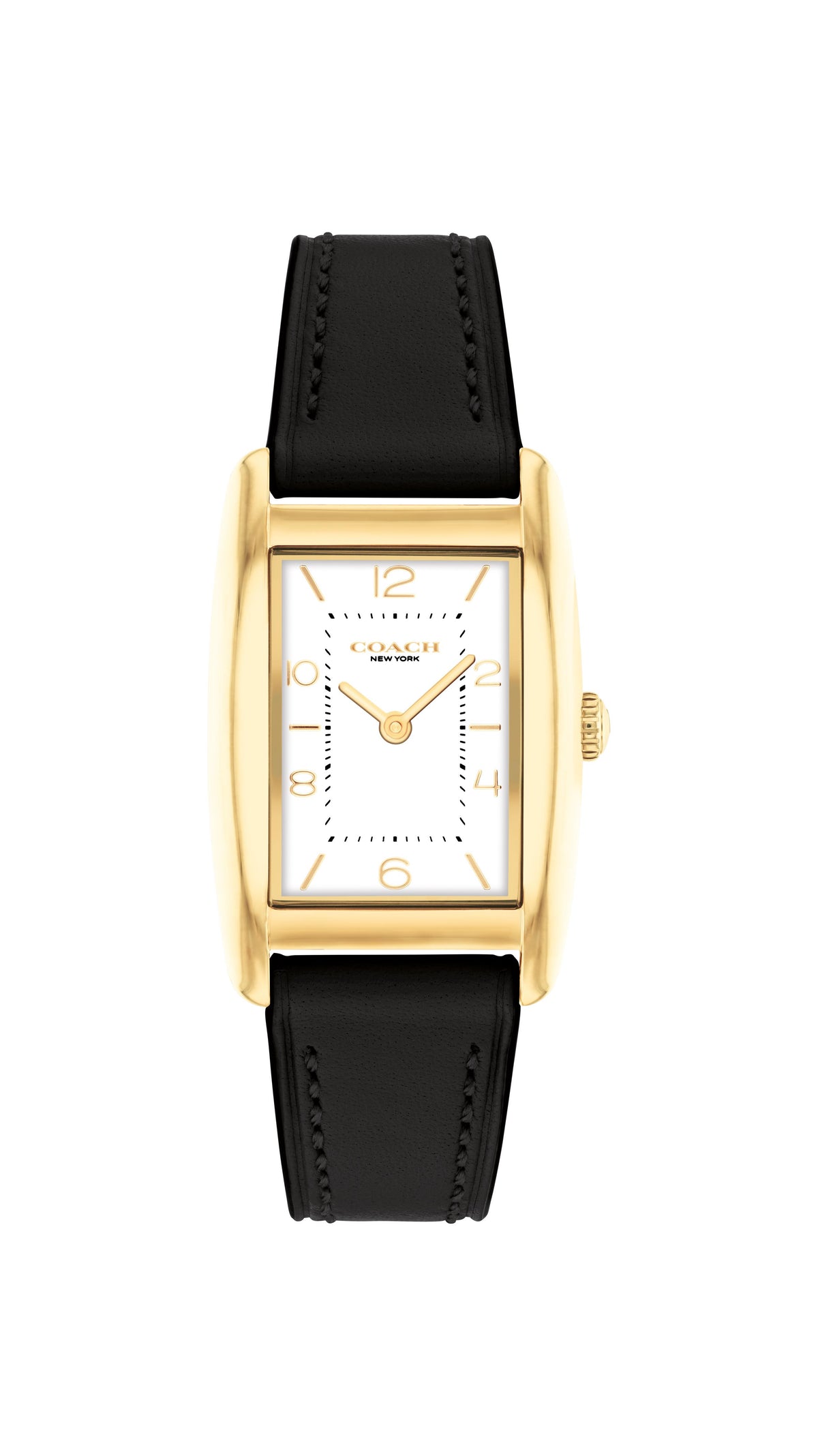 Coach Reese Ladies. Gold Plated Case. Black calfskin Strap. White Satin Dial.