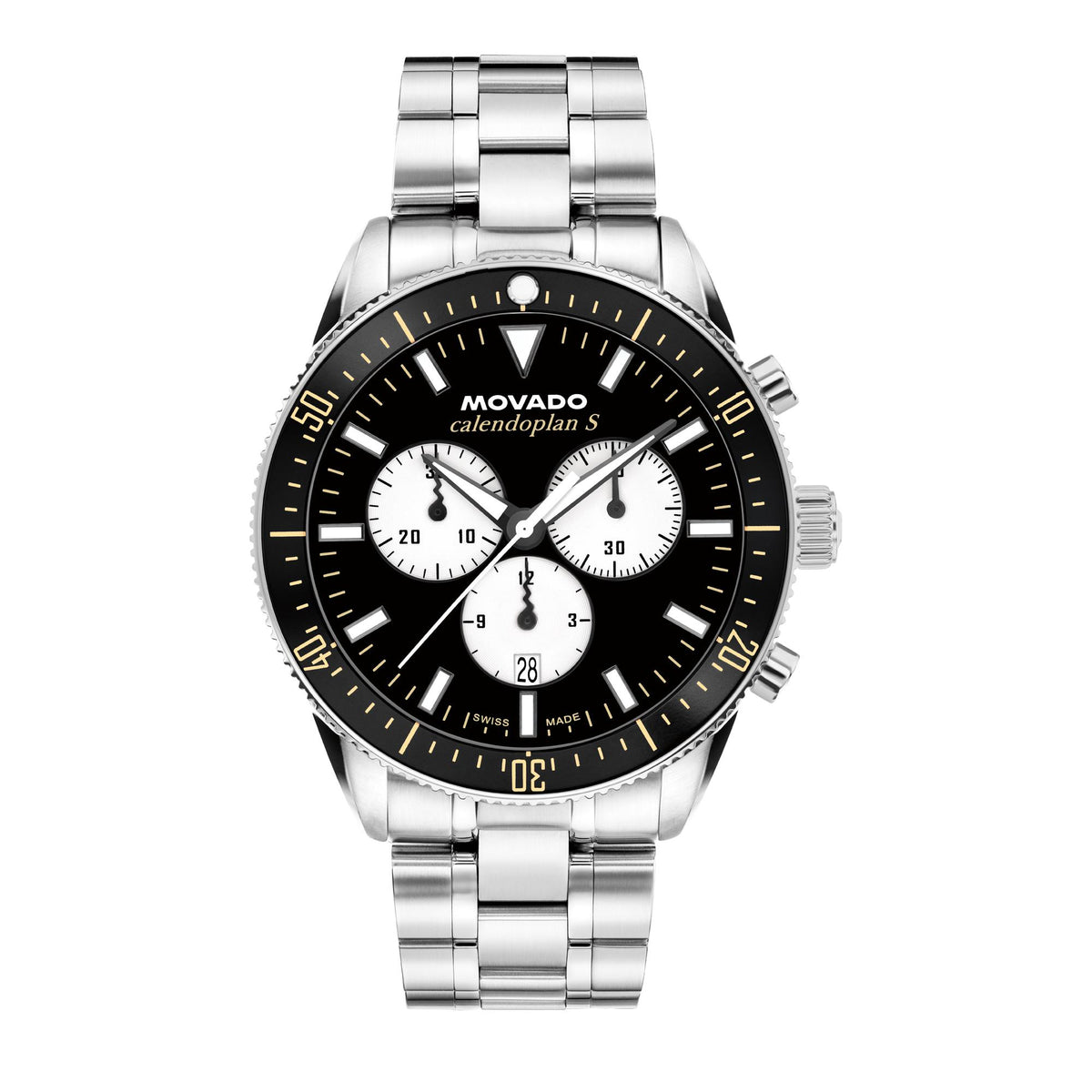 Movado Heritage Gents. Stainless Steel Case and bracelet. Black Chronograph Dial