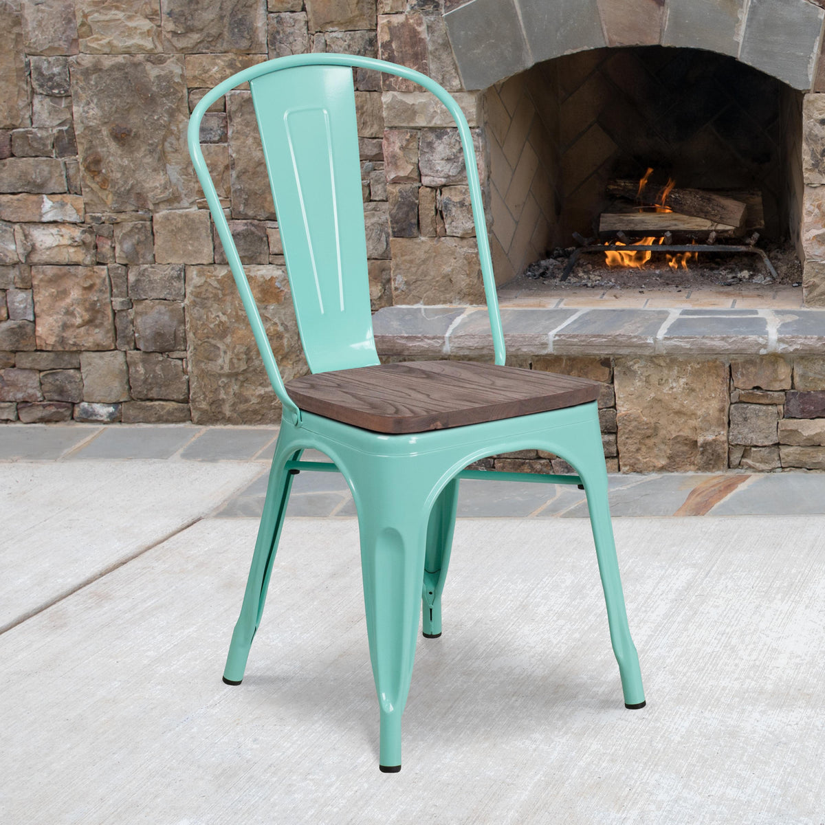 Flash Furniture Mint Green Metal Stackable Chair with Wood Seat - Kitchen Furniture - Caf Chair