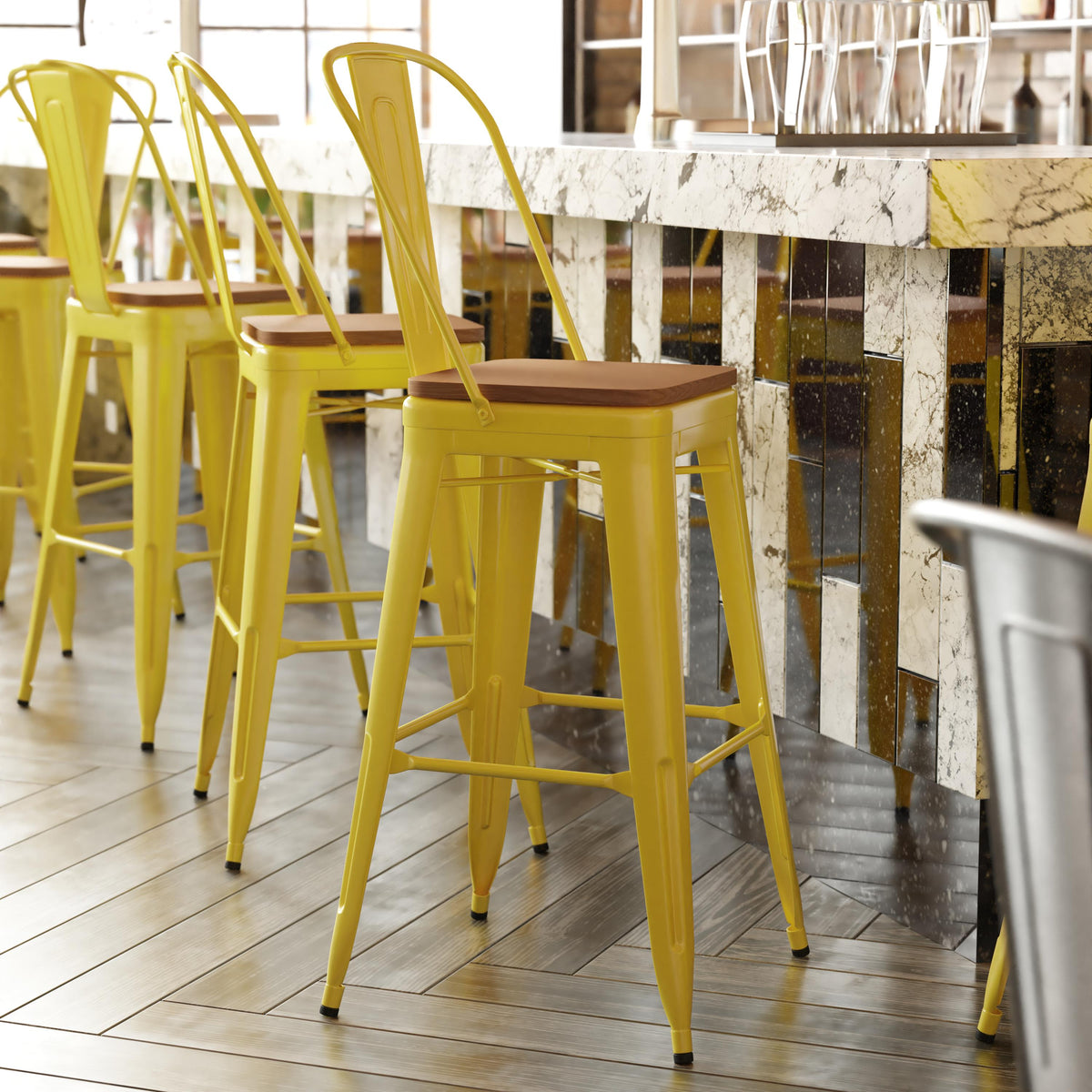Flash Furniture All-Weather Commercial Bar Stool with Removable Back/Poly Seat-Yellow/Teak