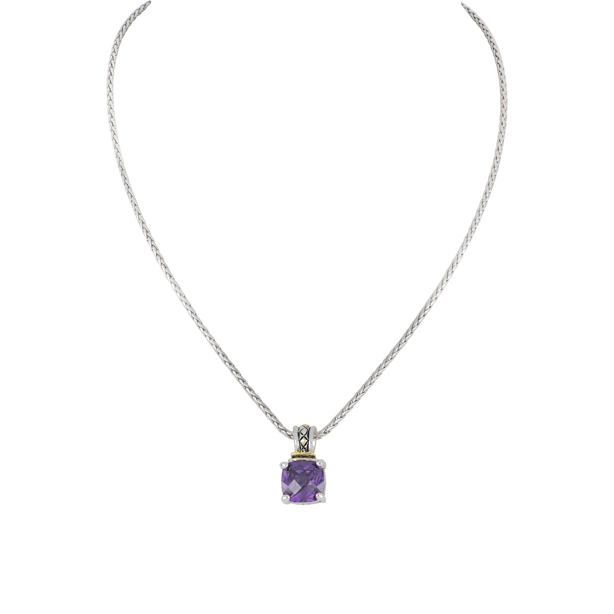 John Medeiros Beijos Square Cushion cut Pendant 10x10mm CZ Amethyst. 16-18" L adjustablePendant: 3/4"L x 38"W