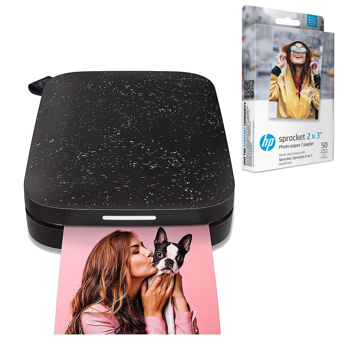 Hewlett Packard Sprocket Portable 2x3" Instant Photo Printer (Black Noir) & 50-Pack Zink Paper