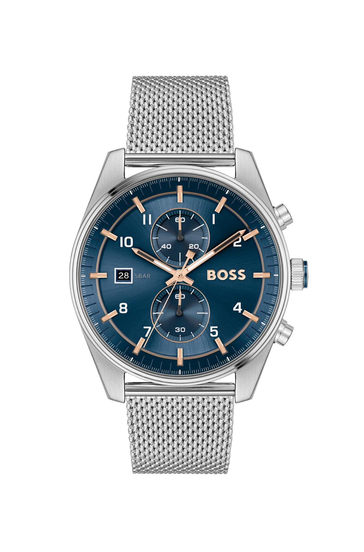 HUGO BOSS Boss Skytraveller Gents. Stainless Steel Case & Mesh Bracelet. Blue Chrono Dial.