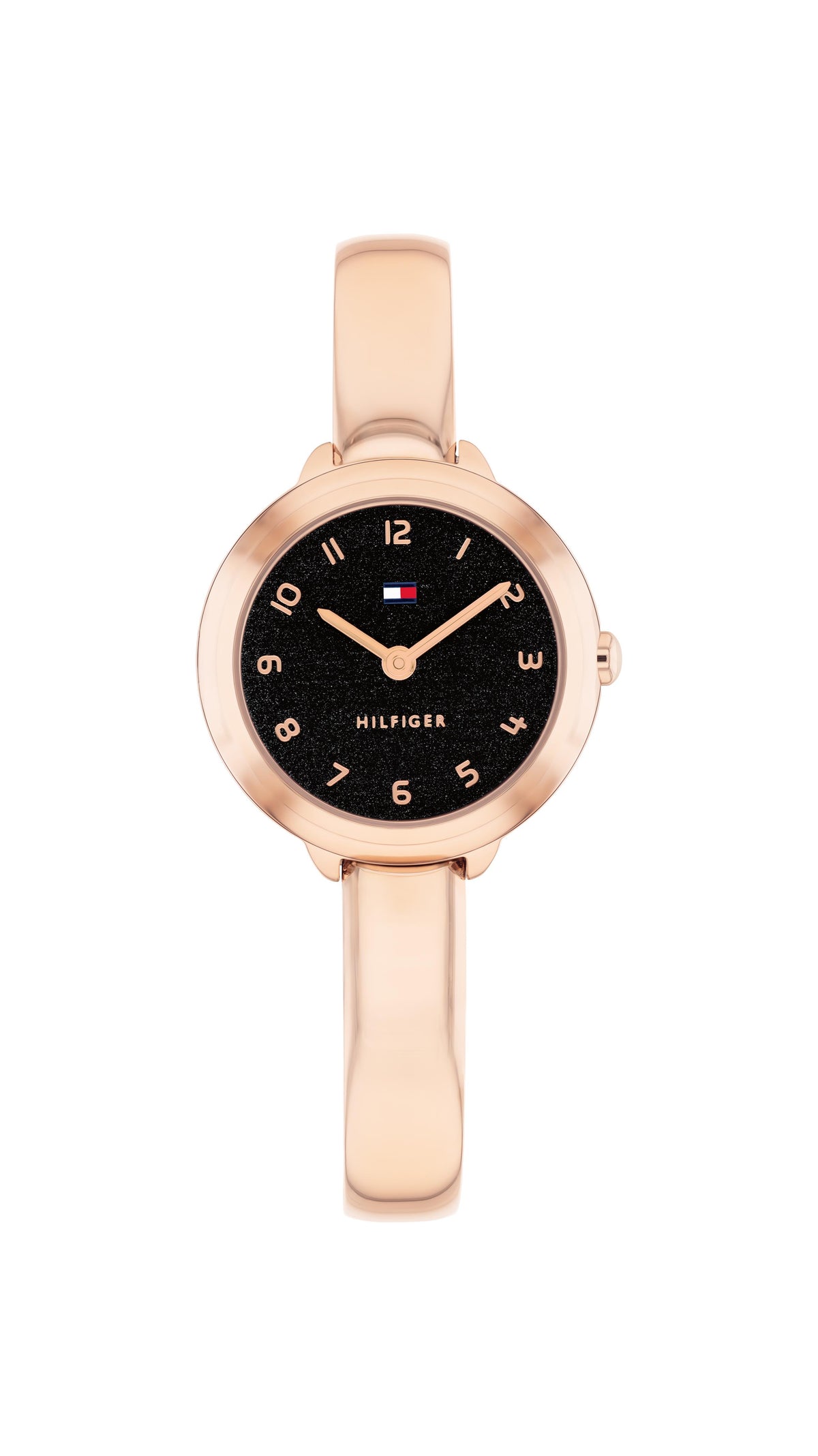 Tommy Hilfiger Ladies. Rose Gold Plated & Bangle Bracelet. Black Dial