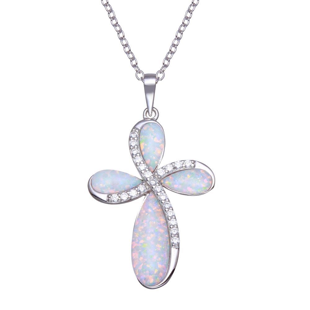 PARIKHS Rhodium Plated Opal Clear CZ Cross Necklace in 925 Sterling Silver