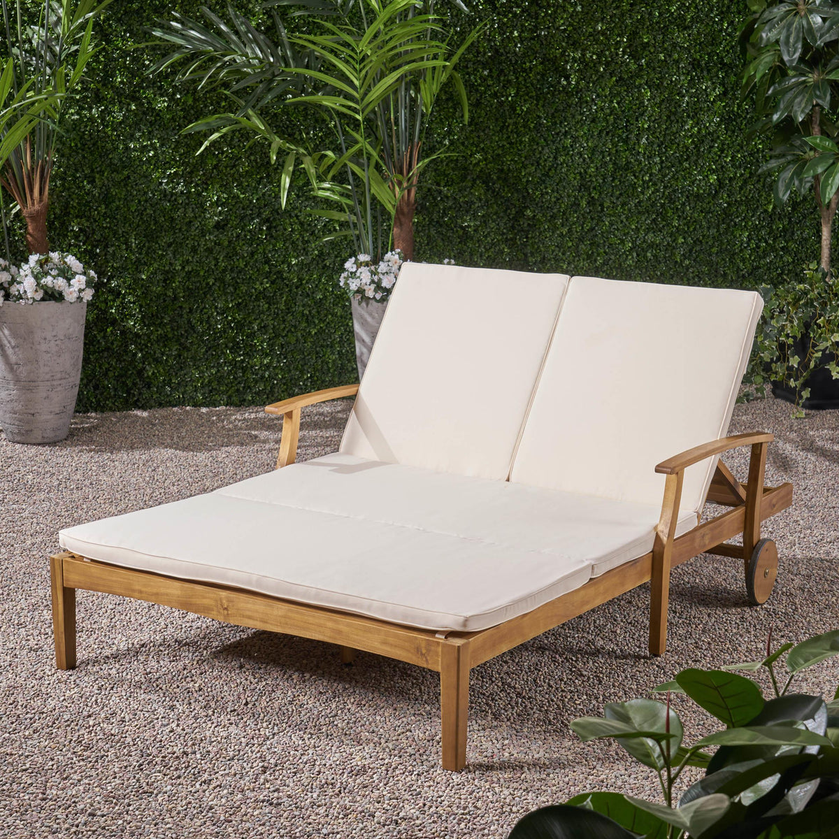 Stark Home Acacia Wood Double Chaise Lounge & Cushions