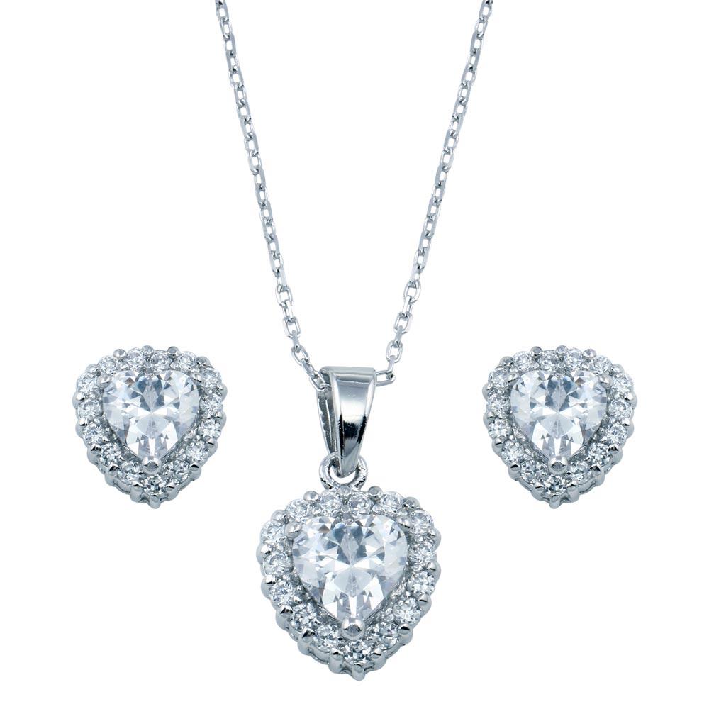 PARIKHS Rhodium Plated Heart Clear CZ Necklace-Earring Set in 925 Sterling Silver