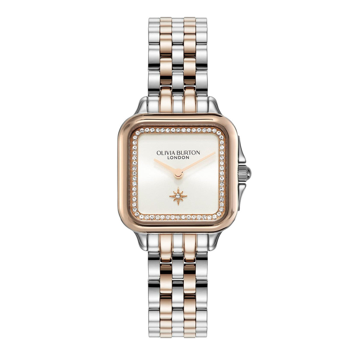 Olivia Burton Grosvenor. Rose Gold/SS case & link bracelet. Silver/White dial with North Star