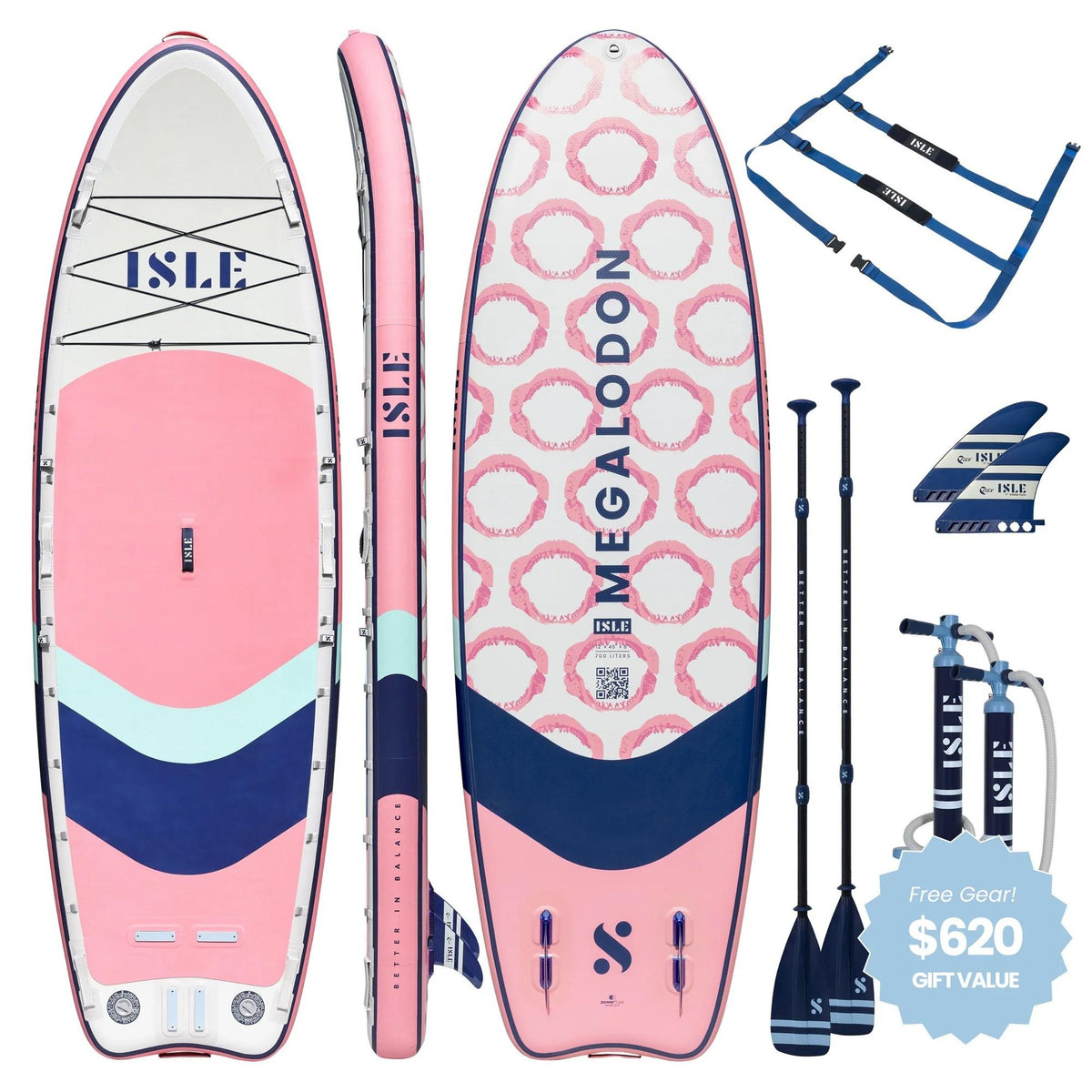 ISLE 12' Megalodon 3 Paddle Board - Flamingo/Teal/Navy