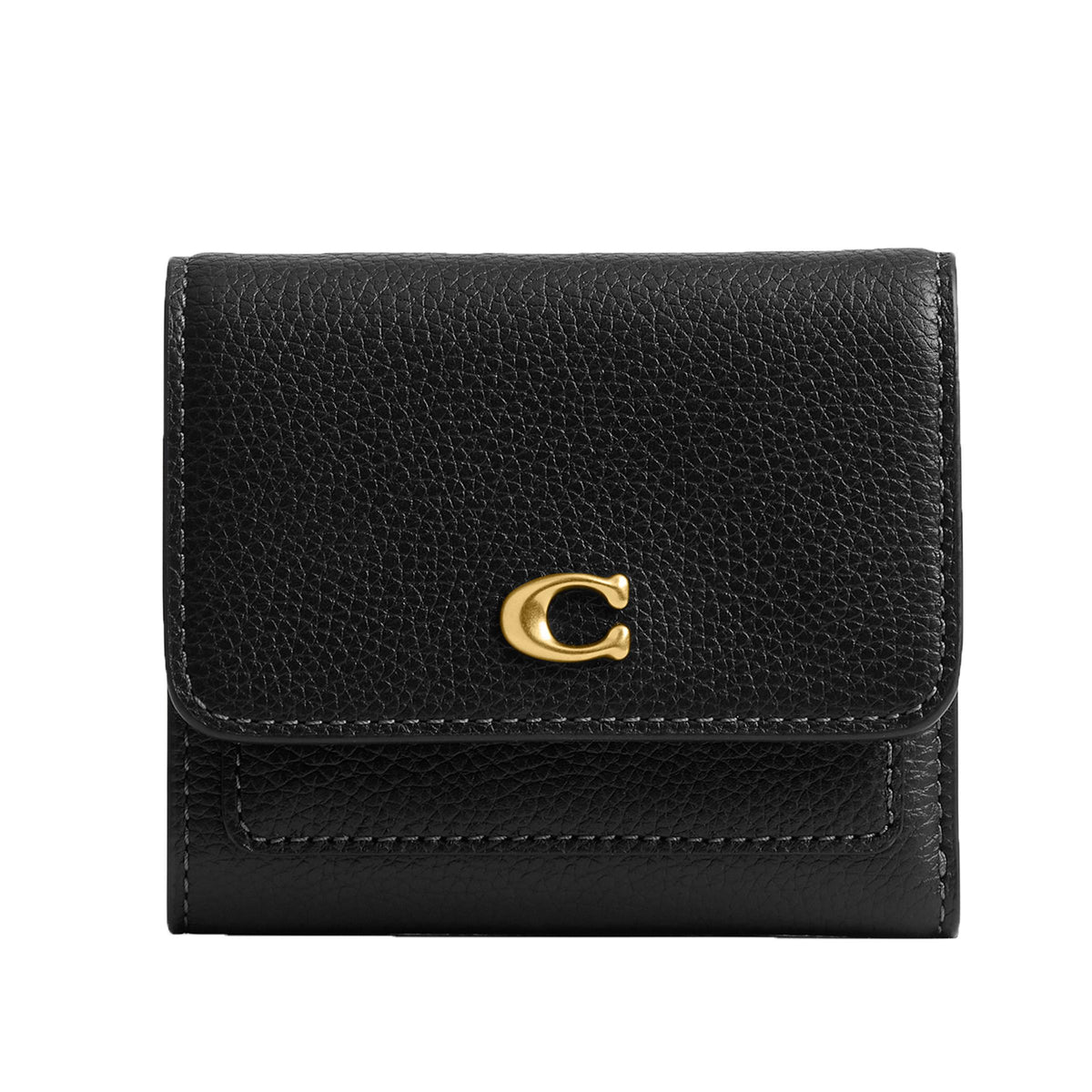 COACH Polished Pebble Leather Mila Flap Wallet - Black/Brass