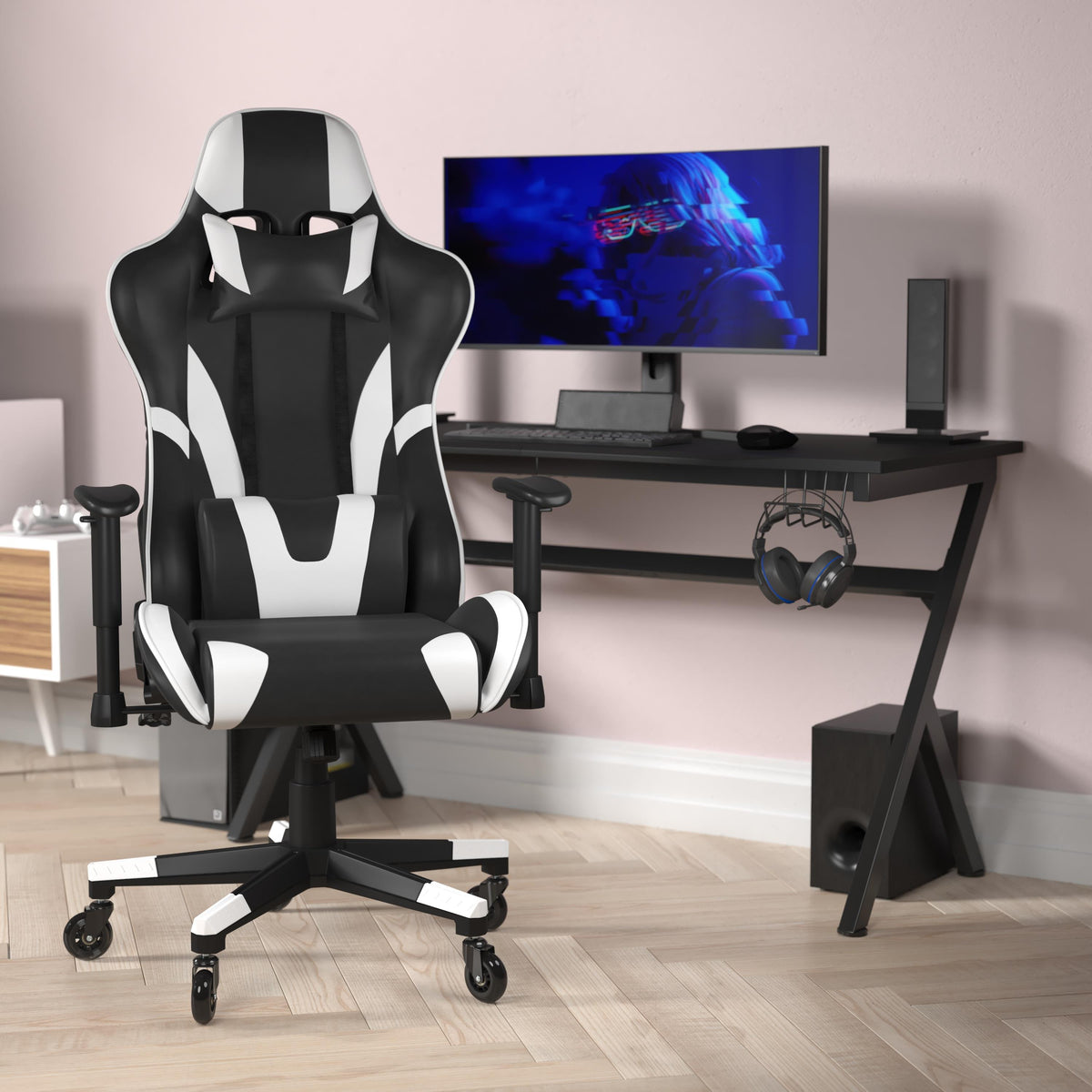 Flash Furniture Office Gaming Chair with Roller Wheels & Reclining Back - Black LeatherSoft