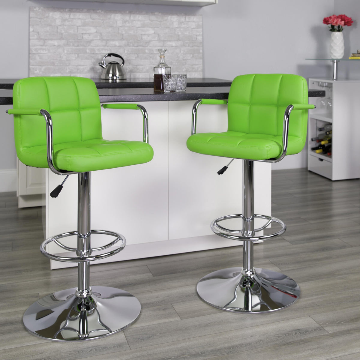 Flash Furniture White Quilted Vinyl Adjustable Height Barstool with Arms and Chrome Base