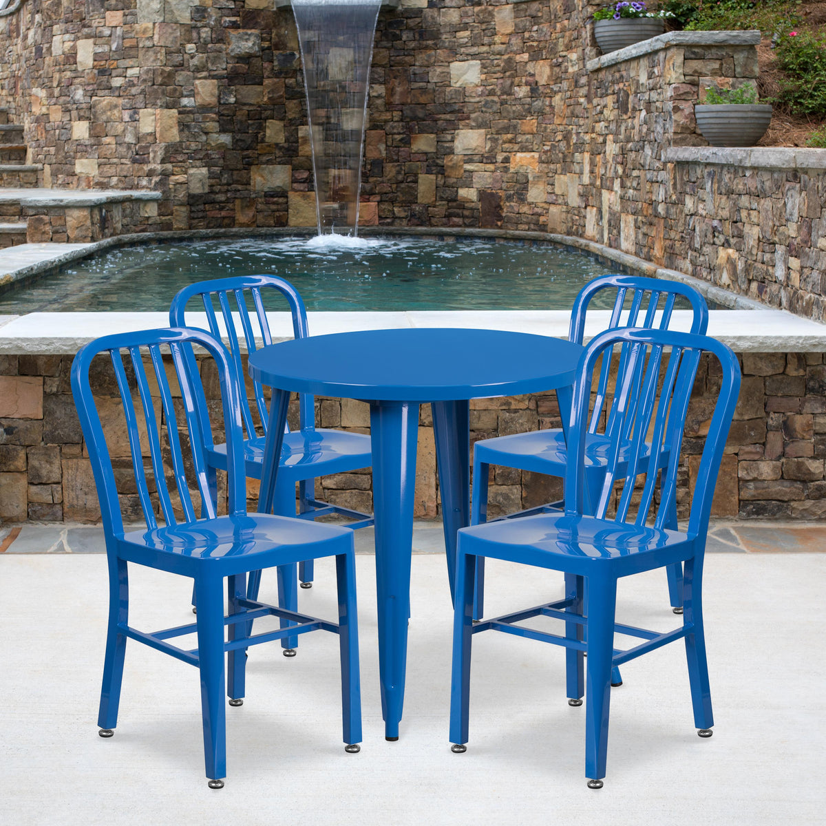 Flash Furniture 30" Round Blue Metal Indoor-Outdoor Table Set with 4 Vertical Slat Back Chairs