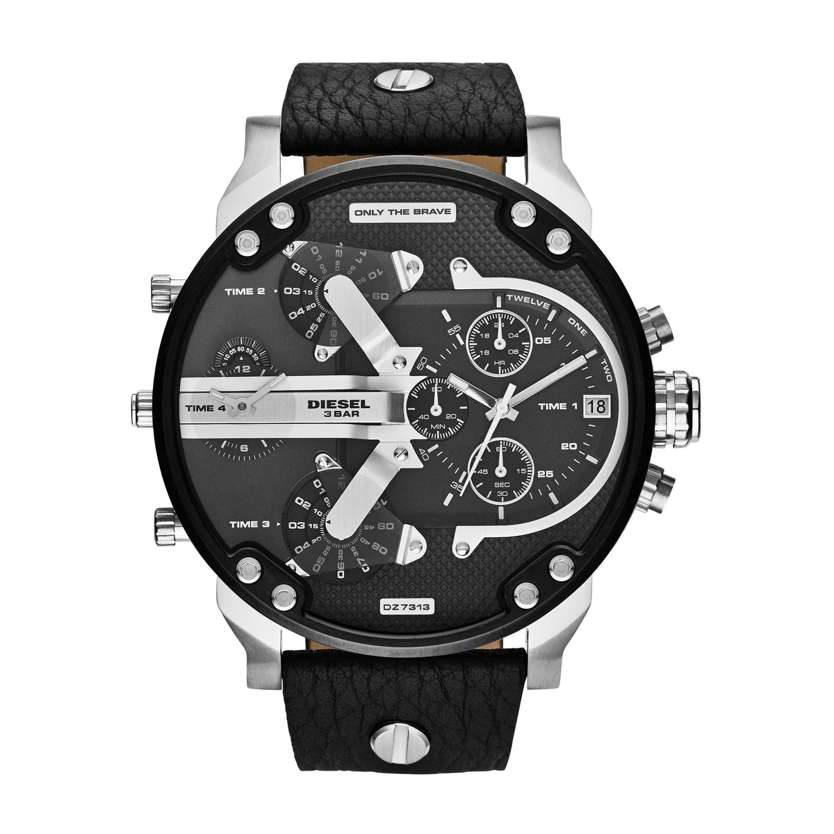 Diesel Mens Mr. Daddy 2.0 Black Leather Strap Watch Black Dial