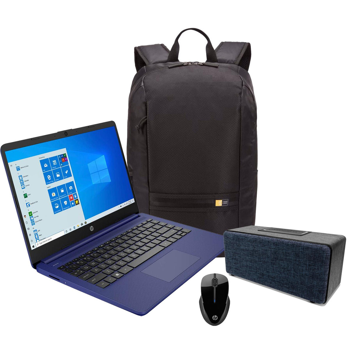 Hewlett Packard 14" Notebook with wireless mouse, backpack, and Bluetooth speaker