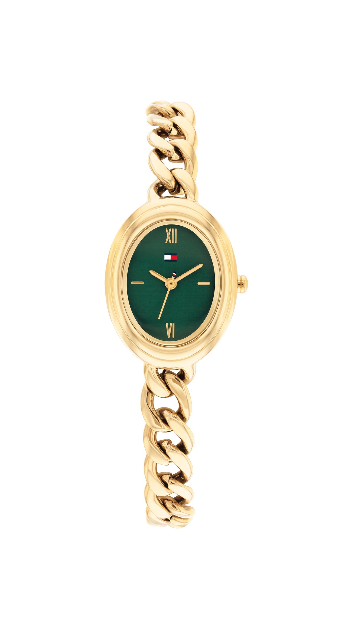 Tommy Hilfiger Ladies. Gold Plated Case & Chain link Bracelet. Emerald Green Dial