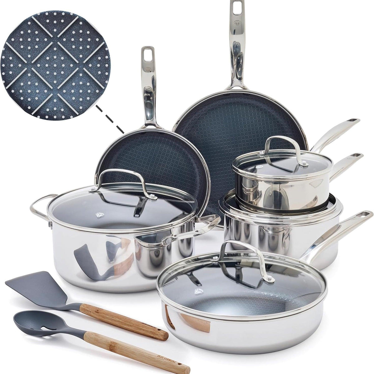 Blue Diamond Diamond Bond Hybrid Nonstick Stainless Steel 12pc Cookware Set