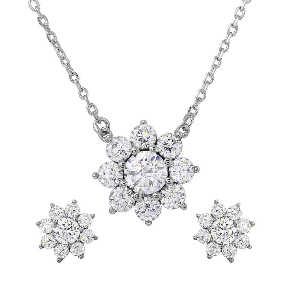 PARIKHS Rhodium Plated Snow Flakes CZ Necklace-Earring Set in 925 Sterling Silver