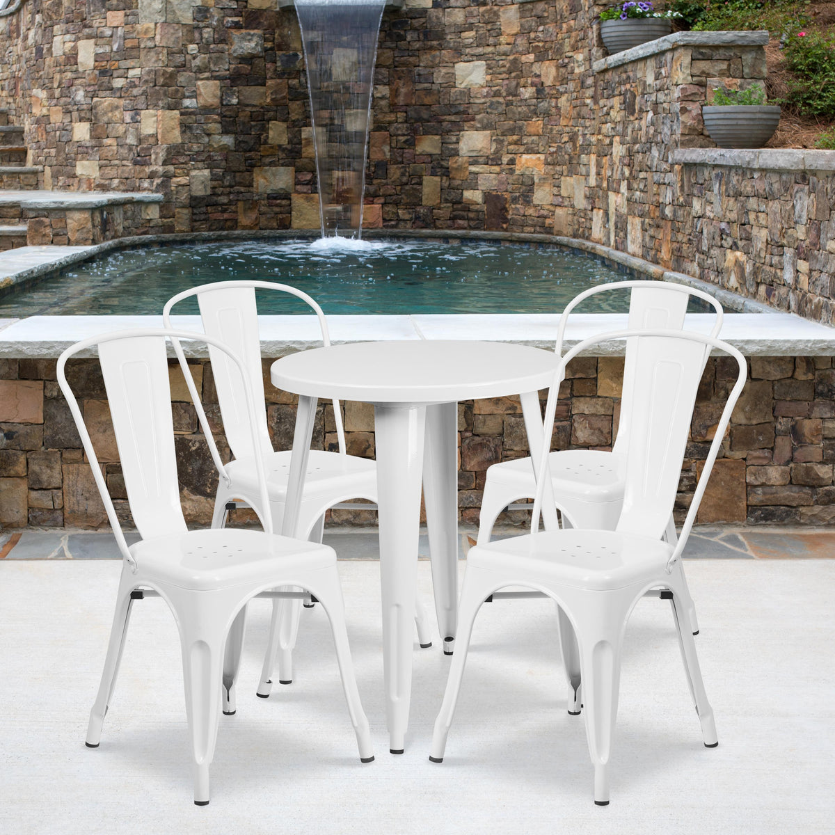 Flash Furniture 24" Round White Metal Indoor-Outdoor Table Set with 4 Cafe Chairs
