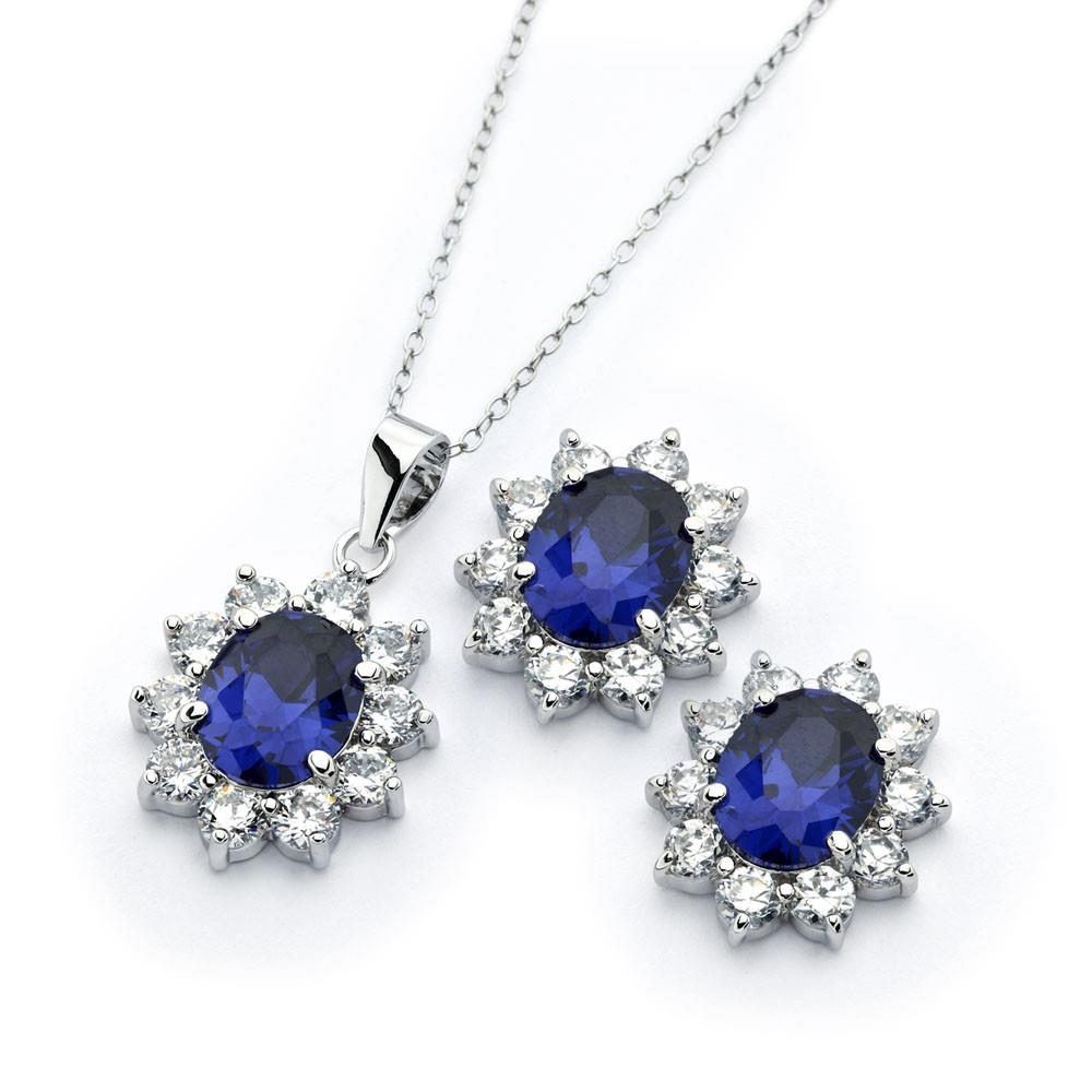 PARIKHS Rhodium Plated Clear Cluster Blue Cluster Flower CZ Necklace-Stud Set in 925 Sterling Silver