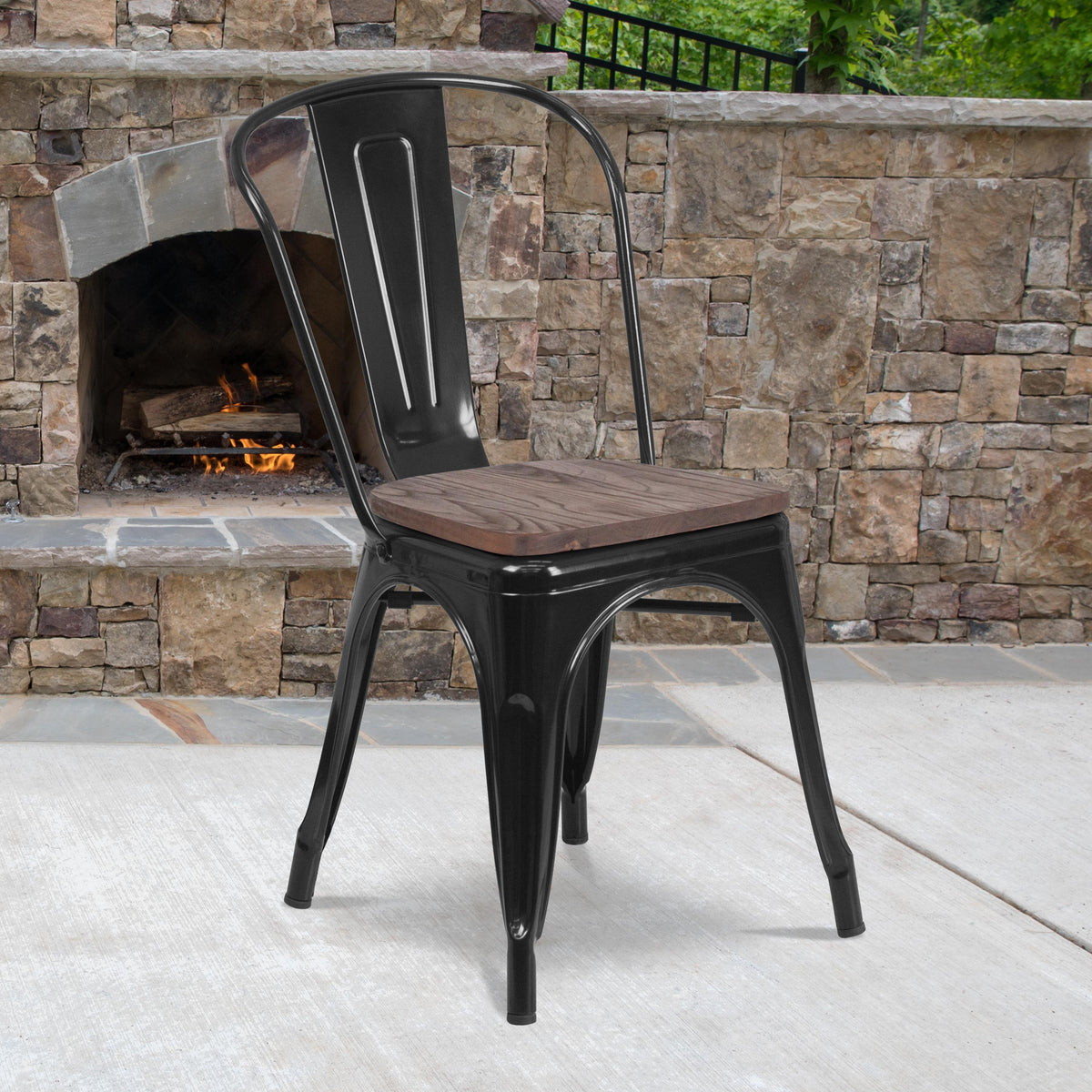 Flash Furniture Black Metal Stackable Chair with Wood Seat - Restaurant Chair - Bistro Chair