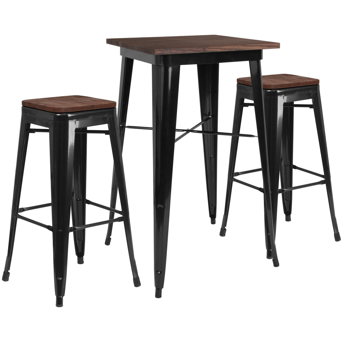 Flash Furniture 23.5" Square Black Metal Bar Table Set with Wood Top and 2 Backless Stools