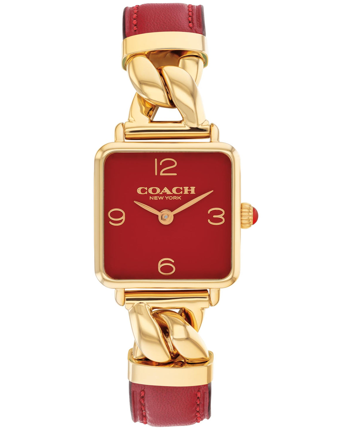 Coach Cass Ladies. Gold Plated Square Case. Red Chain leather strap. Red Lacquer Dial.