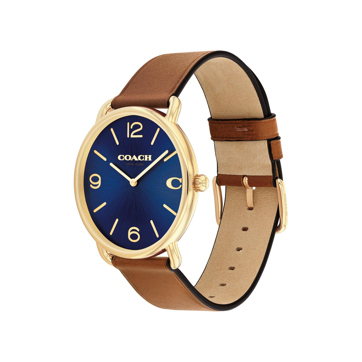 Coach Mens' Elliot Gold & Brown Leather Strap Watch Navy Dial