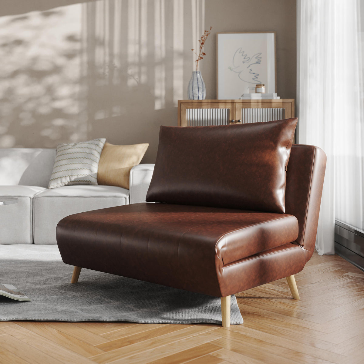 Flash Furniture Convertible Tri-Fold Chair with Pillow and Hideaway Legs in Brown LeatherSoft