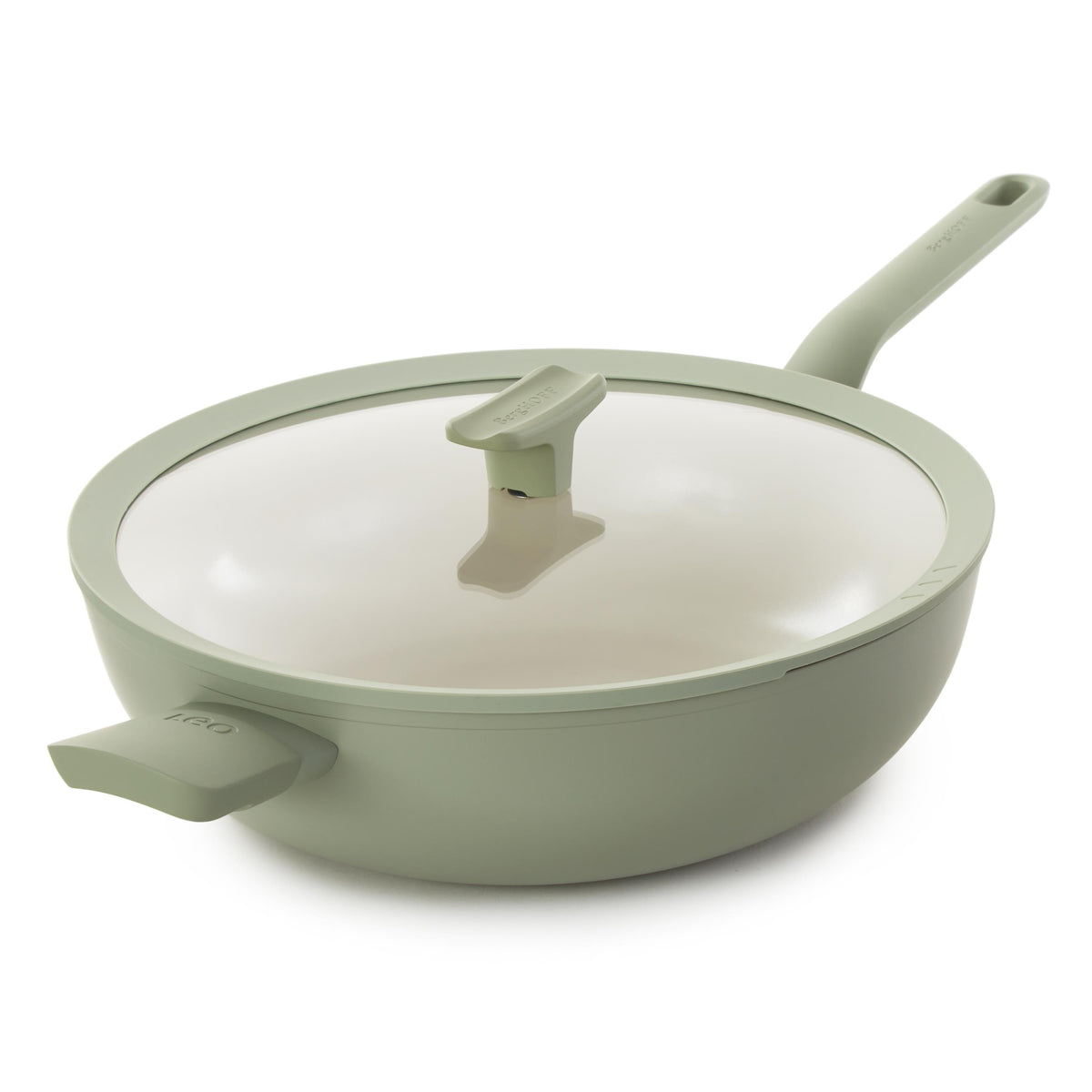 BergHOFF Leo Balance Nonstick Ceramic 12.75" Wok Pan 6.2qt., Glass Lid, Sage