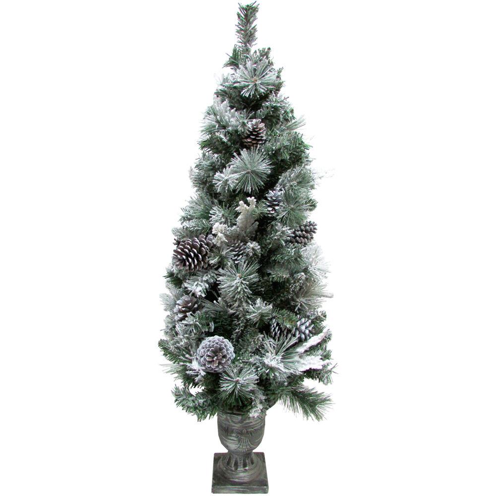 Fraser Hill 4-Ft. Christmas Snow Flocked Porch Tree with Oversized Pinecones in Ornamental Pot