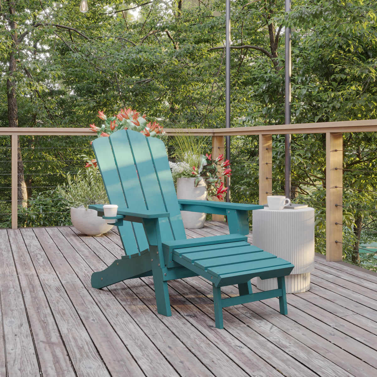 Flash Furniture Commercial All-Weather Adirondack Chair with Pullout Ottoman & Cupholder - Brown