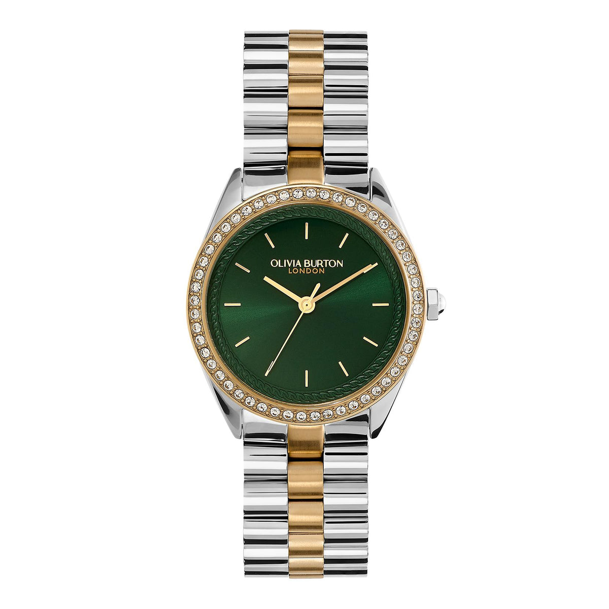 Olivia Burton Bejewelled. Two-Tone Steel case & link bracelet. Forest Green dial