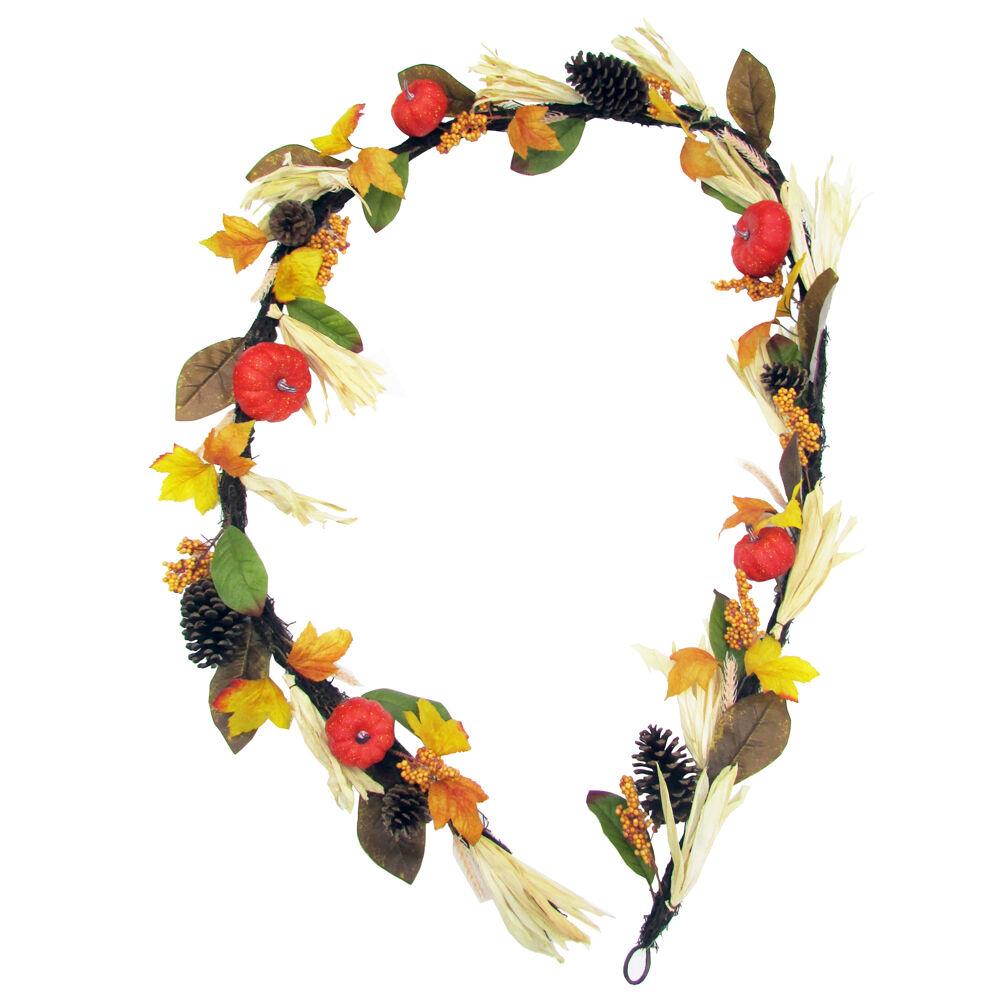 Fraser Hill 9-ft Fall Harvest Garland Decor with Corn Husks, Pumpkins and Pine Cones