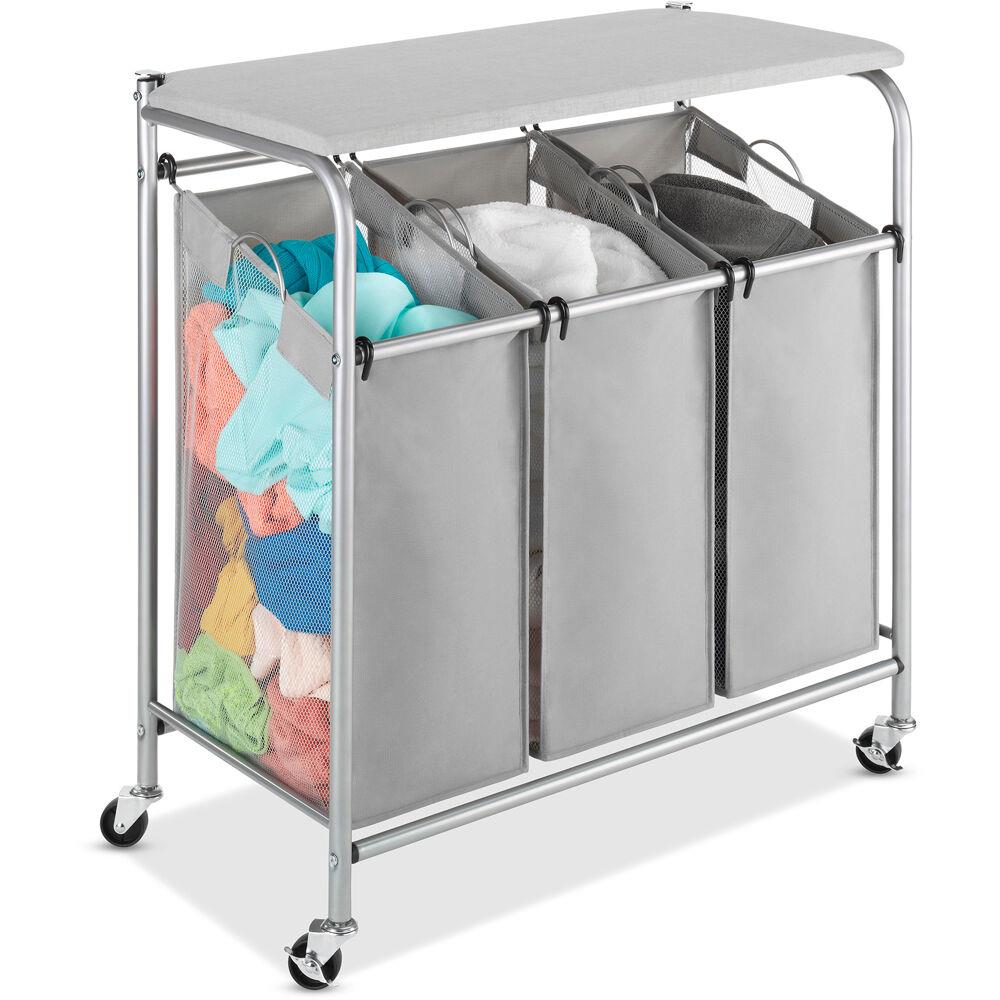 WHITMOR 3 Section Rolling Laundry Sorter W/ Ironing and Folding Table