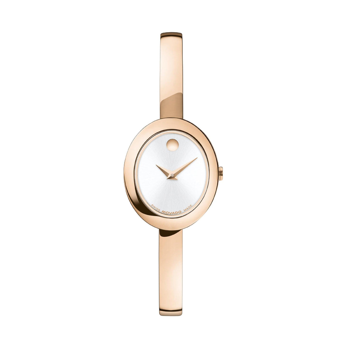 Movado Ladies Museum Bangle Rose Gold-Tone Stainless Steel Oval Watch Silver Dial