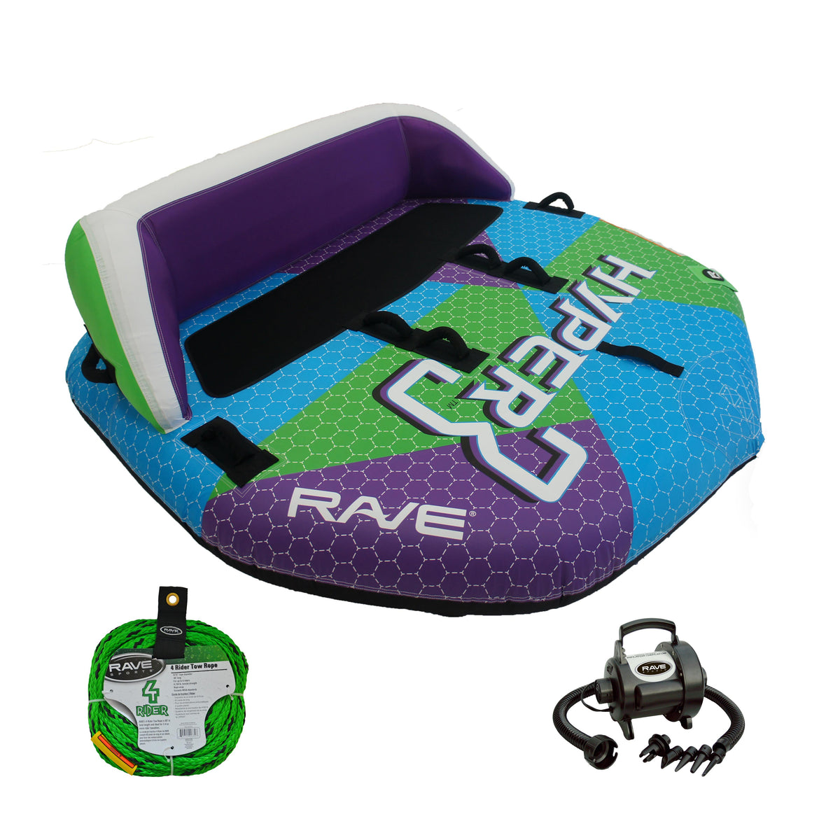 RAVE Sports - Hyper 3 Towable, 1-Section 4-Rider Tow Rope, & High Speed Inflator/Deflator