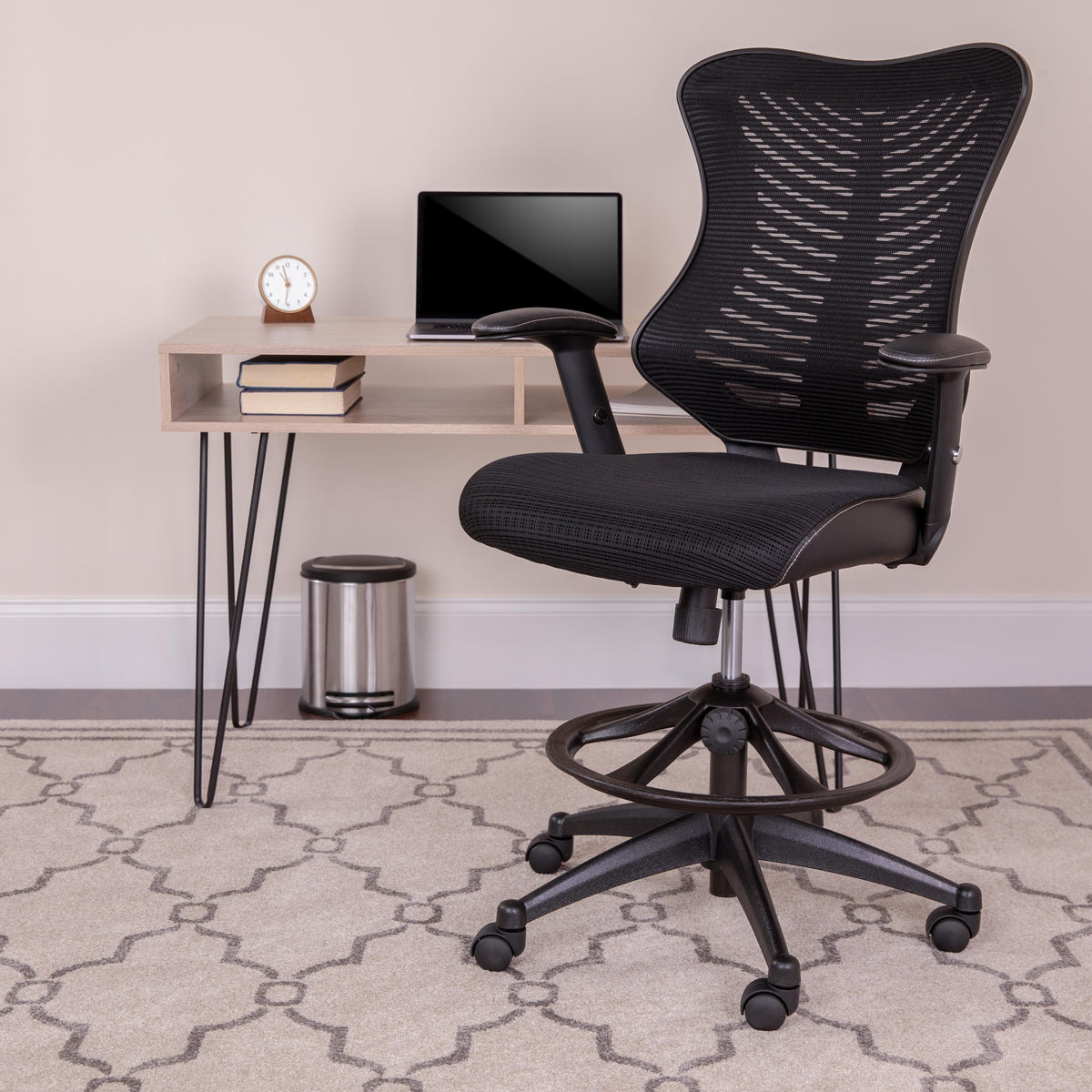 Flash Furniture Black High Back Mesh Drafting Chair with LeatherSoft Sides and Adjustable Arms