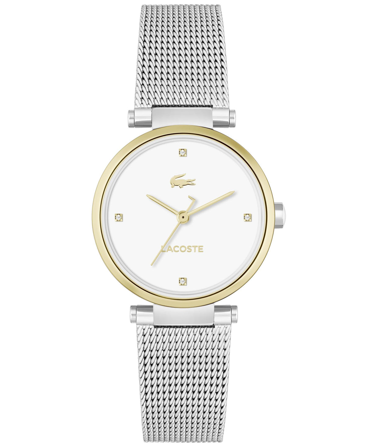 Lacoste Orba Ladies Watch. Gold IP Case & SS Mesh Bracelet. White Dial with 4 diamond Markers.