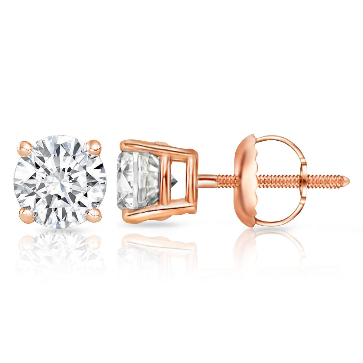 PARIKHS Round Prime Diamond Screw Back Stud 14K Rose Gold 0.05ct IJK Color,I1 Clarity