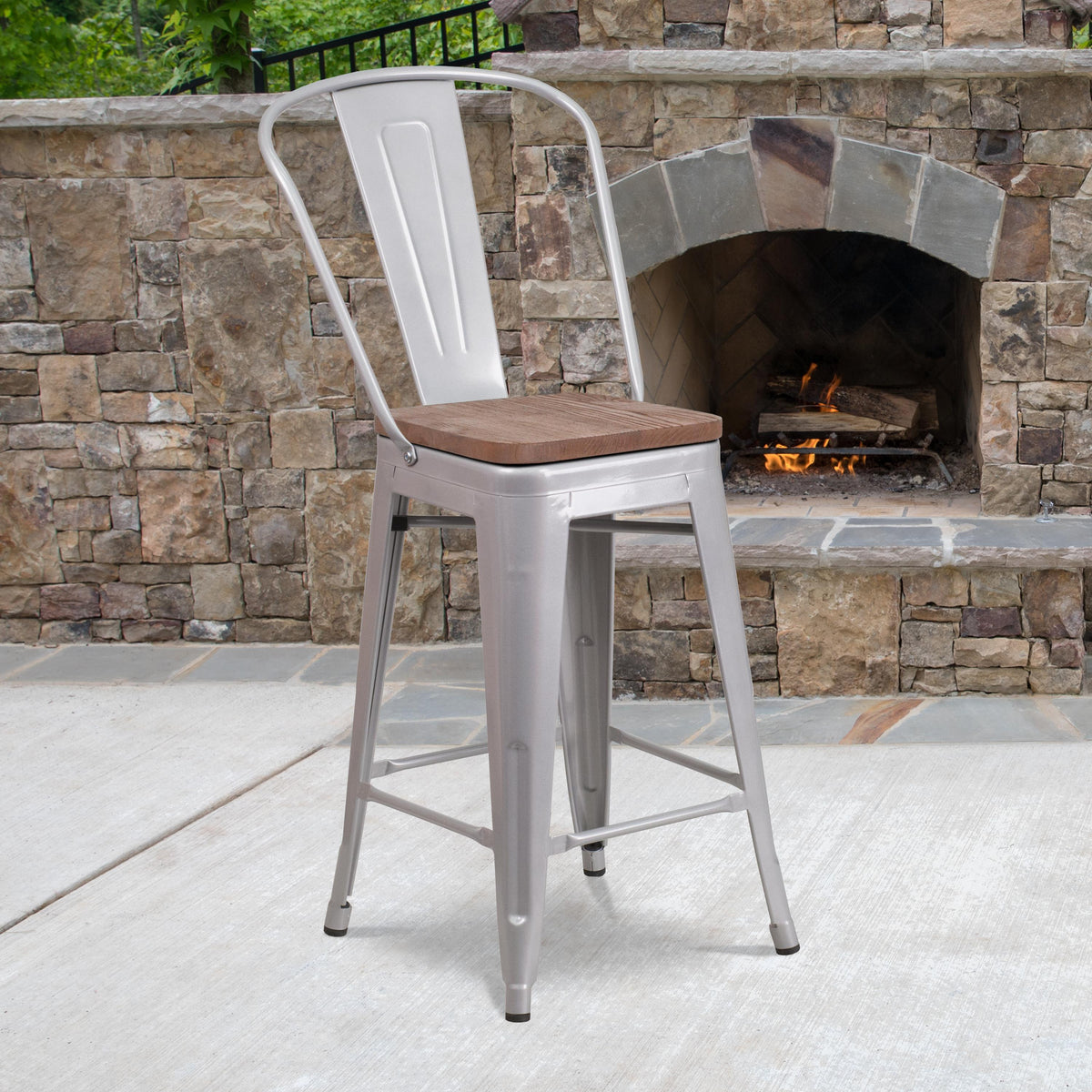 Flash Furniture 24" High Silver Metal Counter Height Stool with Back and Wood Seat