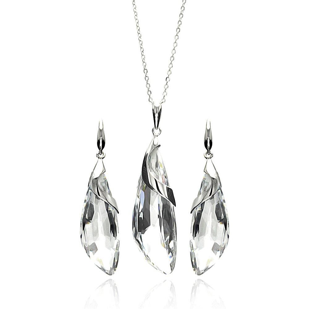 PARIKHS Rhodium Plated Clear Drop CZ Necklace-Hook Earring Set in 925 Sterling Silver