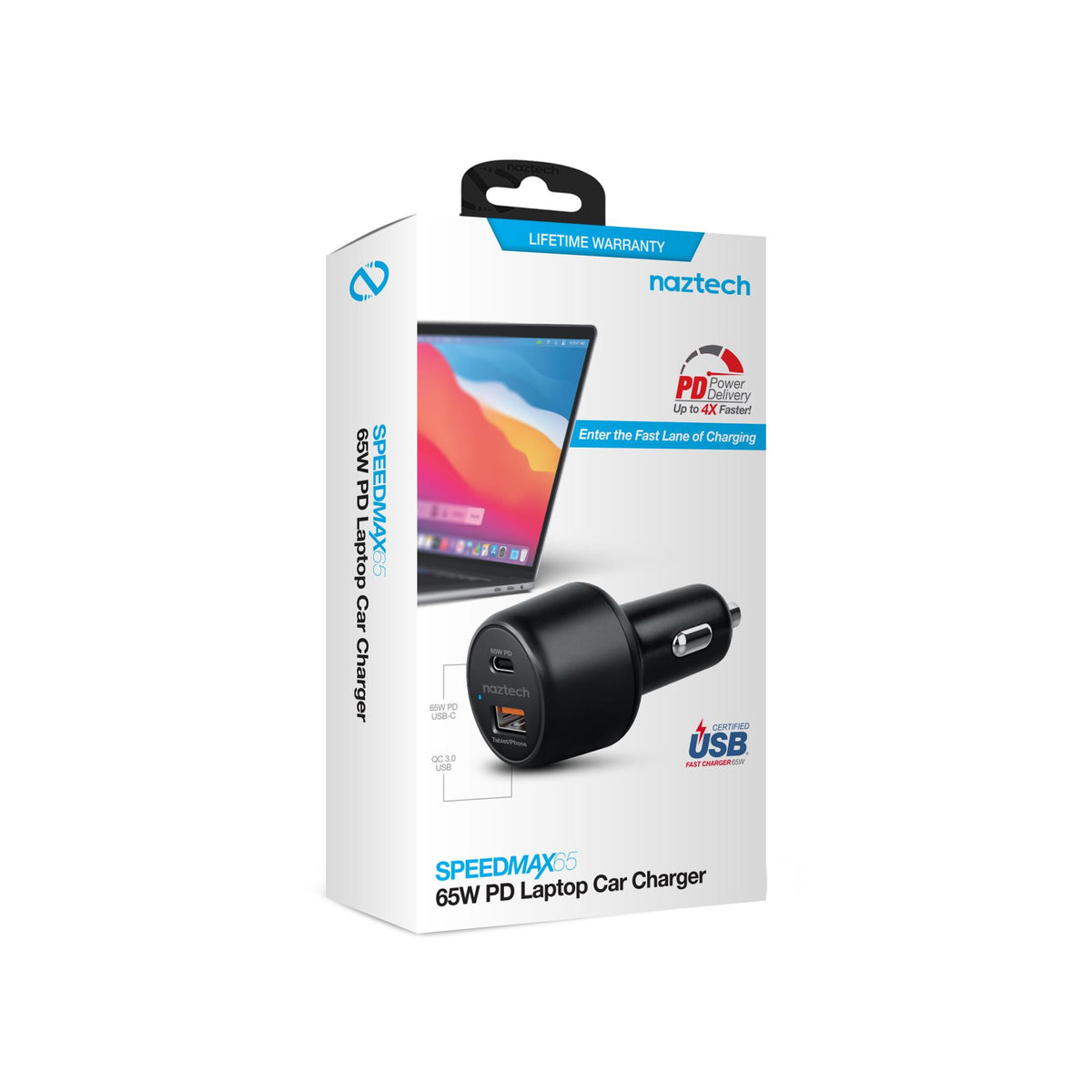 HYPERCEL SpeedMax65 65W USB-C PD + USB LAPTOP Car Charger, Quick Charge 3.0