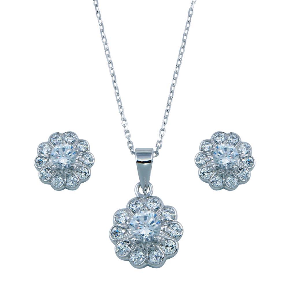 PARIKHS Rhodium Plated Clear Flower CZ Necklace-Earring Set in 925 Sterling Silver